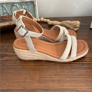 Lucky Brand Espadrille Platform Wedge Sandals Linen Strappy Ankle 8.5 Boho